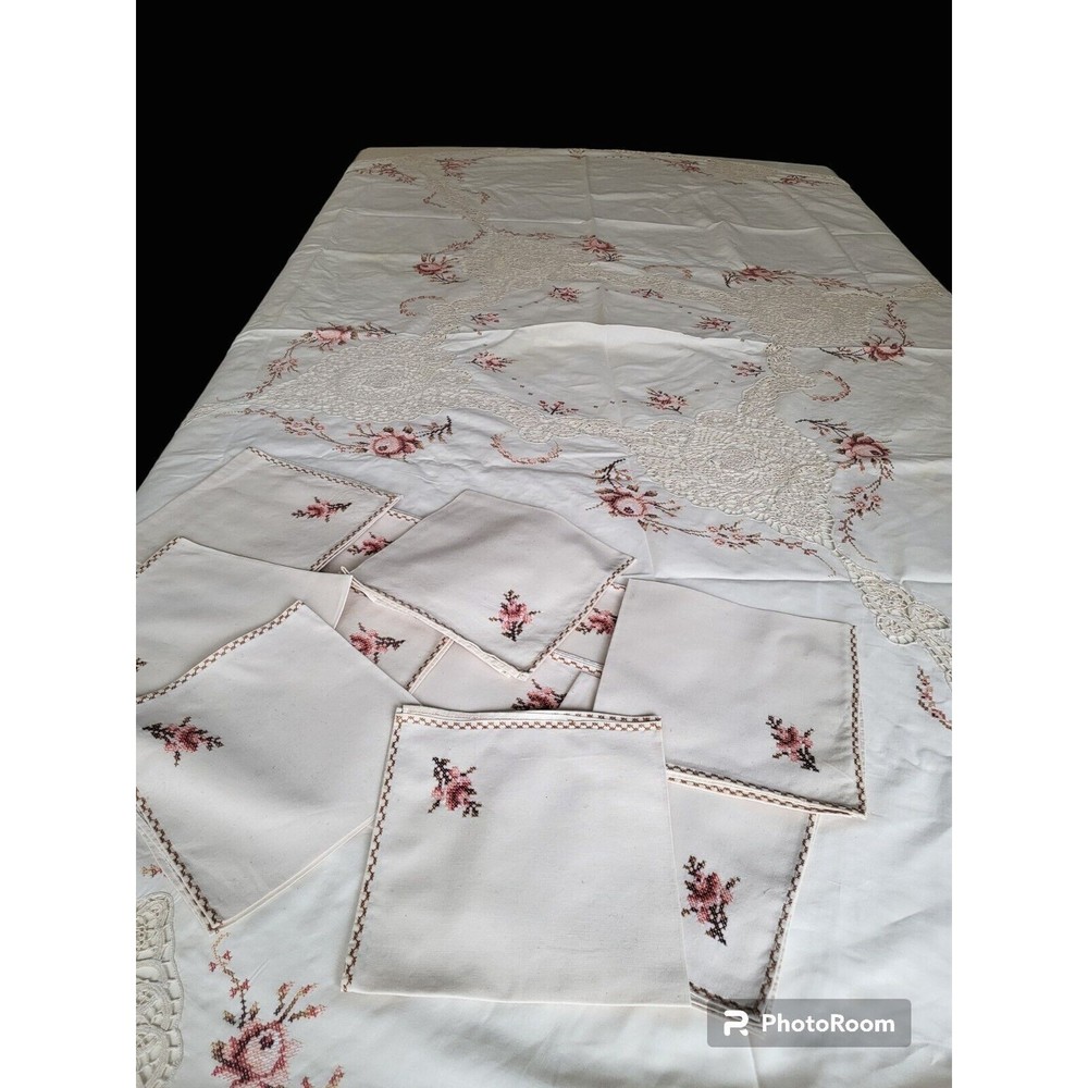 Vtg Chandelier Design Linen Crosstitch Embroidery Lace Tablecloth W/ 12 Napkins